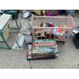 VARIOUS BOARD GAMES, A DOLL'S COT, SOFT TOYS, STEAM CLEANER ETC