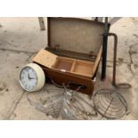 A COLLECTION OF VINTAGE ITEMS TO INCLUDE A STIRRUP PUMP, VINTAGE SUITCASE, SEWING BOX ETC.
