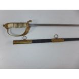 A NAVAL SWORD AND SCABBARD, 68CM BLADE WITH ACID ETCHED DECORATION