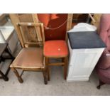 A PAINTED POT CUPBOARD, STOOL AND DINING CHAIR