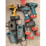 TWO MAKITA BATTERY DRILLS WITH BATTERIES AND CHARGER AND A DEWALT BATTERY DRILL WITH BATTERY AND