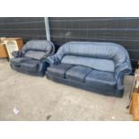 A BLUE LEATHER THREE SEATER SOFA WITH BUTTONED ARMS AND A MATCHING TWO SEATER SOFA