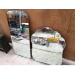 TWO WOODEN BACKED BEVELLED EDGE WALL MIRRORS WITH HANGING BRACKETS