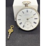 A HALLMARKED LONDON SILVER FUSEE POCKET WATCH WITH KEY. MAKER T SWAINE 11 CHESTER GATE,