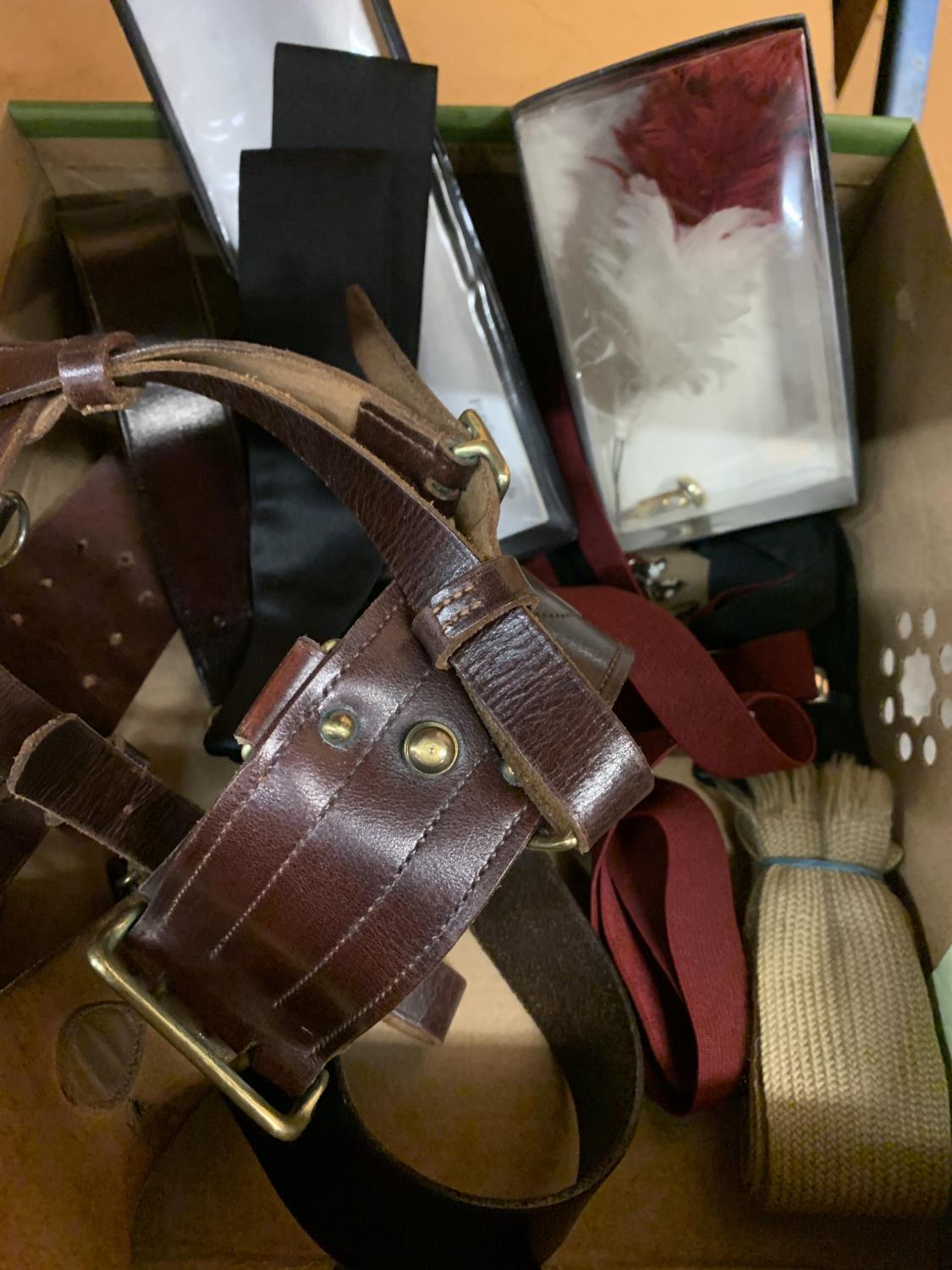 A LEATHER SAM BROWNE BELT, FEATHER HACKLE, TIE ETC - Image 2 of 2