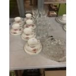 SIX TRIOS OF CROWN TRENT BONE CHINA AND AN ASSORTMENT OF GLASSWARE
