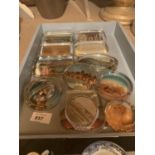 AN ASSORTMENT OF GLASS WARE TO INCLUDE PAPER WEIGHTS AND ASH TRAYS ETC