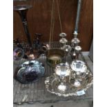 A COLLECTION OF METAL WARE TO INCLUDE SILVER PLATED GOBLETS AND TRAY, A TRUMPET STYLE MULTI STEM BUD