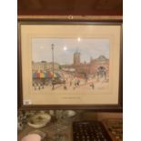 A WATERCOLOUR PRINT OF 'THE MARKET, ASHTON-UNDER-LYNE, SIGNED