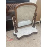 A VICTORIAN MAHOGANY SWING FRAME DRESSING MIRROR WITH BARLEY TWIST UPRIGHTS AND A MARBLE TOP