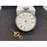 A HALLMARKED BIRMINGHAM SILVER FUSEE POCKET WATCH WITH KEY. MAKER WALTHAM. NO HANDS