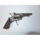 AN 8MM BELGIUM MADE SIX SHOT PIN FIRE REVOLVER, 7.5CM BARREL, FOLDING TRIGGER