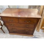 A 19TH CENTURY MAHOGANY AND INLAID CHEST OF TWO SHORT AND THREE LONG DRAWERS, 41" WIDE, 39" HIGH