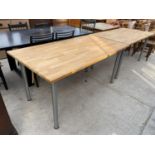 TWO MODERN DINING TABLES WITH WOOD BLOCKS TYLE TOPS ON METAL LEGS, 59x32" EACH
