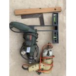 A BOSCH DRILL, FURTHER DRILL, SPIRIT LEVEL ETC.