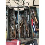 A CONCERTINA TOOL BOX WITH CONTENTS, A BOXED PLIERS SET, FOOT PUMP AND TWO GARDEN HANGING BASKETS