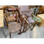 A VICTORIAN KITCHEN CHAIR, BEDROOM CHAIR, BENTWOOD CHAIR, TOWEL RAIL AND TWO DIRECTORS STYLE CHAIRS