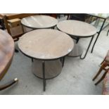 THREE MODERN CIRCULAR TWO TIER COFFEE TABLES ON STEEL FRAMES WITH INSET OAK EFFECT PANELS (MATCH LOT