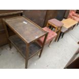 AN OAK TEA TROLLEY, A DRESSING STOOL, A RETRO KITCHEN STOOL, A SMALL COFFEE TABLE AND A RETRO TEAK