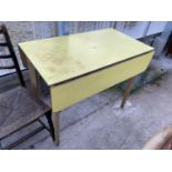 A MID 20TH CENTURY VIVID YELLOW DROP-LEAF KITCHEN TABLE, 36" SQUARE (FULLY OPENED)