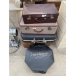 A LADIES' HAT IN BOX AND FOUR VINTAGE SUITCASES