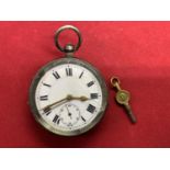 A 925 SILVER FUSEE POCKET WATCH WITH KEY. LENS CRACKED