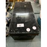 A VINTAGE BLACK TIN DEED BOX