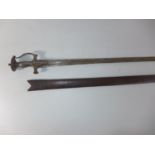 AN INDIAN TULWAR SWORD AND LEATHER SCABBARD, 72CM STRAIGHT BLADE