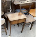 A BENTWOOD CHAIR, SEWING TABLE, OTTOMAN AND A SMALL ELM AND BEECH CHAIR