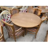 A CIRCULAR 'CLASSIC FURNITURE' DINING TABLE AND FOUR ELBOW CHAIRS WITH VERTICAL STRIPES, 47"