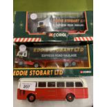 THREE MODELS TO INCLUDE TWO BOXED CORGI EDDIE STOBART WAGONS AND A COACH