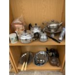 A LARGE QUANTITY OF SILVER PLATED ITEMS TO INCLUDE TEA POTS, SPOONS ETC.