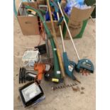 A QUANTITY OF TOOLS TO INCLUDE A BLACK & DECKER POWER WEEDER, ELECTRIC STRIMMER, FOUR SECURITY