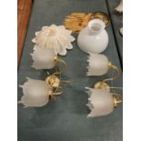 VARIOUS LIGHTS TO INCLUDE TWO WALL LIGHTS WITH WHITE GLASS SHADES, AN ART DECO BEAD SHADE, AN ORNATE