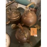 THREE VINTAGE COPPER KETTLES AND THREE BRASS MINIATURES