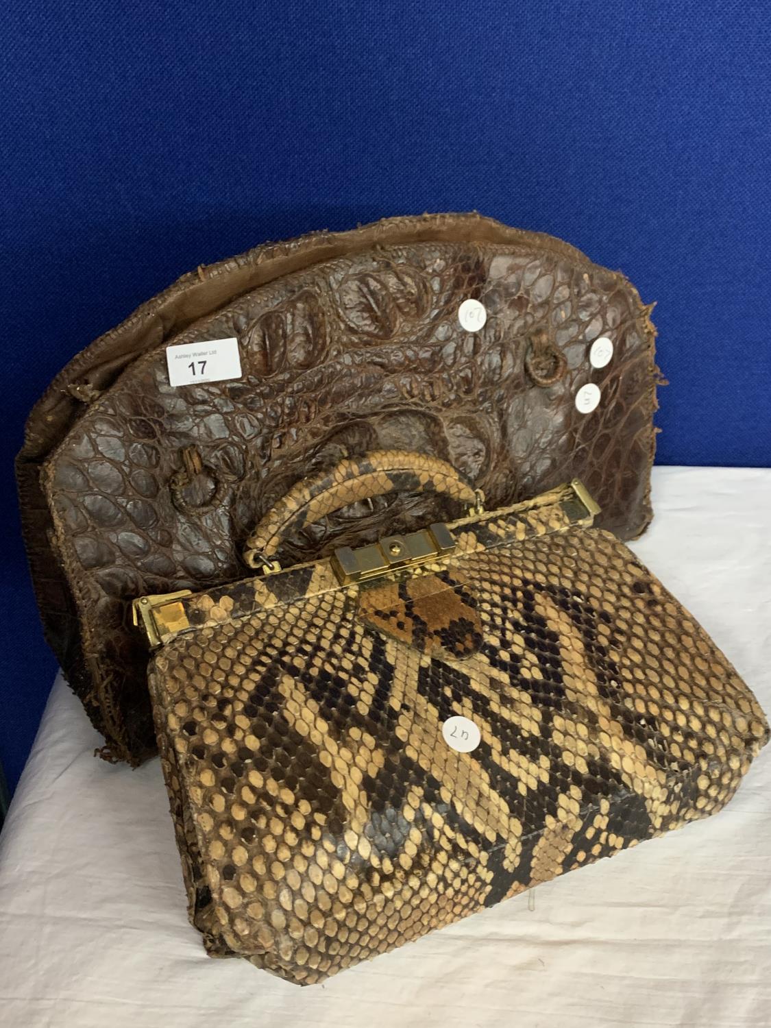 TWO VINTAGE HANDBAGS ONE CROCODILE AND THE OTHER SNAKESKIN