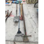 GARDEN TOOLS TO INCLUDE SPADE, RAKES, HOE, TWO TURF CUTTERS