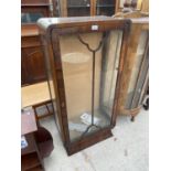 A MAHOGANY CHINA CABINET WITH GLAZED PANEL DOOR AND SIDE PANELS