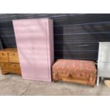 A PAINTED TWO DOOR WARDROBE AND UPHOLSTERED OTTOMAN