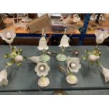 A SET OF GREEN AND LILY DESIGN LIGHTS AND LAMPS WITH GLASS SHADES COMPRISING OF TWO CENTRE LIGHTS,