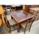 AN EARLY 20TH CENTURY OAK DRAW-LEAF DINING TABLE, THREE SIMILAR CHAIRS AND A RUSH SEATED CHAIR