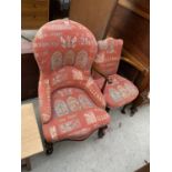 A NURSING CHAIR ON CARVED MAHOGANY SUPPORTS AND A SMALL OAK ARMCHAIR