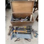 A WOODEN BOX TO INCLUDE TOOLS, TILE CUTTER, MALLET ETC.