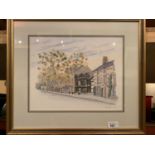 A FRAMED AND SIGNED WATER CLOUR OF PRESTBURY BANK AND HIGH STREET