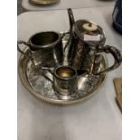 A SILVER PLATED TRAY TO INCLUDE SILVER PLATED COFFEE POT, SUGAR BOWL AND CREAMER