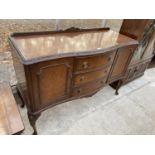 A MID 20TH CENTURY BOWFRONTED WALNUT SIDEBOARD ON CABRIOLE LEGS, 54" WIDE