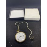 A GOLD PLATED POCKET WATCH AND CHAIN IN WORKING ORDER