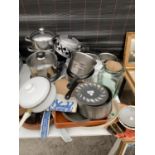 A LARGE QUANTITY OF KITCHEN ITEMS TO INCLUDE PANS, STORAGE JAR, ELECTRIC HEATER ETC.