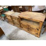 A MEXICAN PINE TV UNIT, A PAIR OF BEDSIDE LOCKERS, PINE STOOL AND DIRECTORS CHAIR