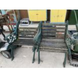 TWO SLATTED GARDEN SEATS WITH CAST IRON BENCH ENDS